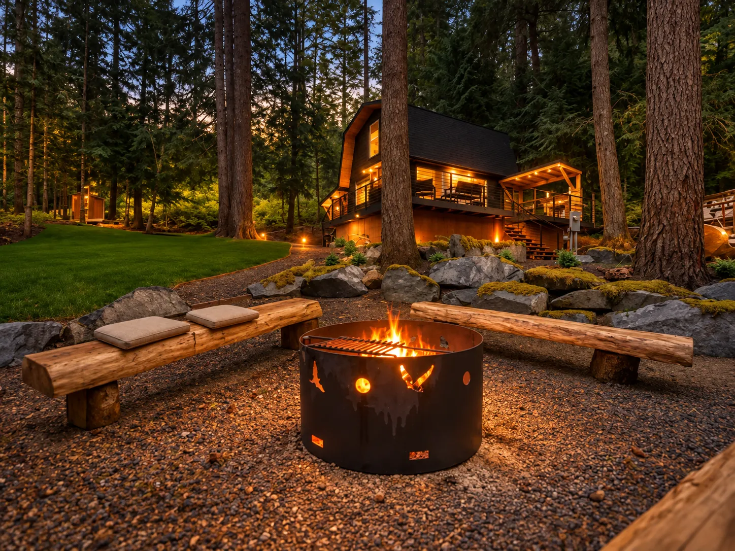 Fire pit glowing at dusk between log benches, with the lit cabin behind the trees